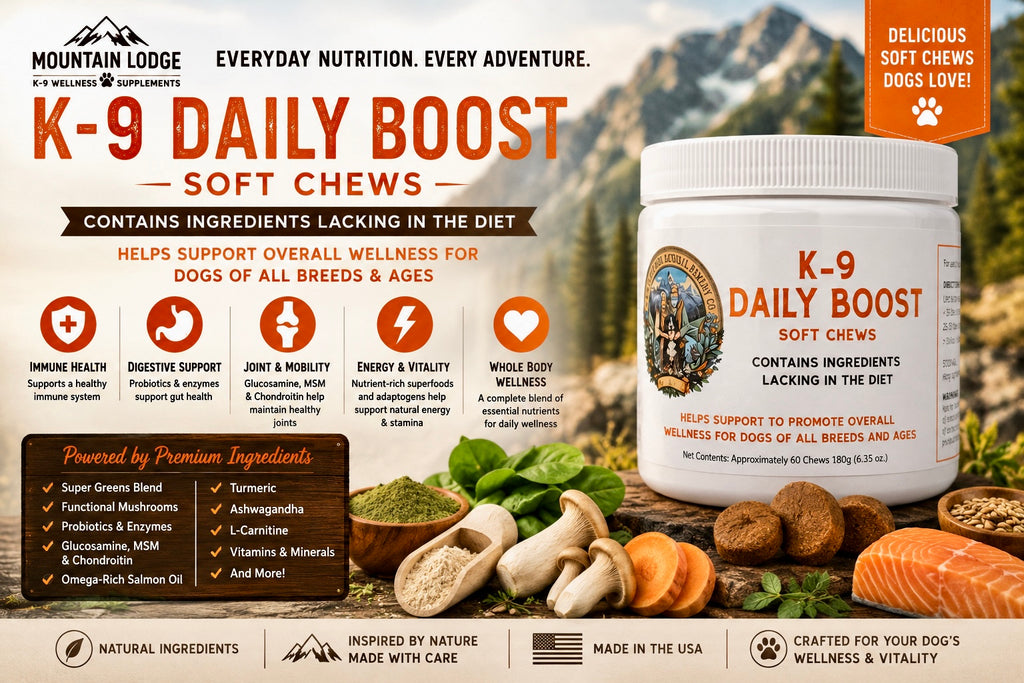 K-9 Daily Boost – Complete multivitamin support with salmon oil, probiotics, and greens blend