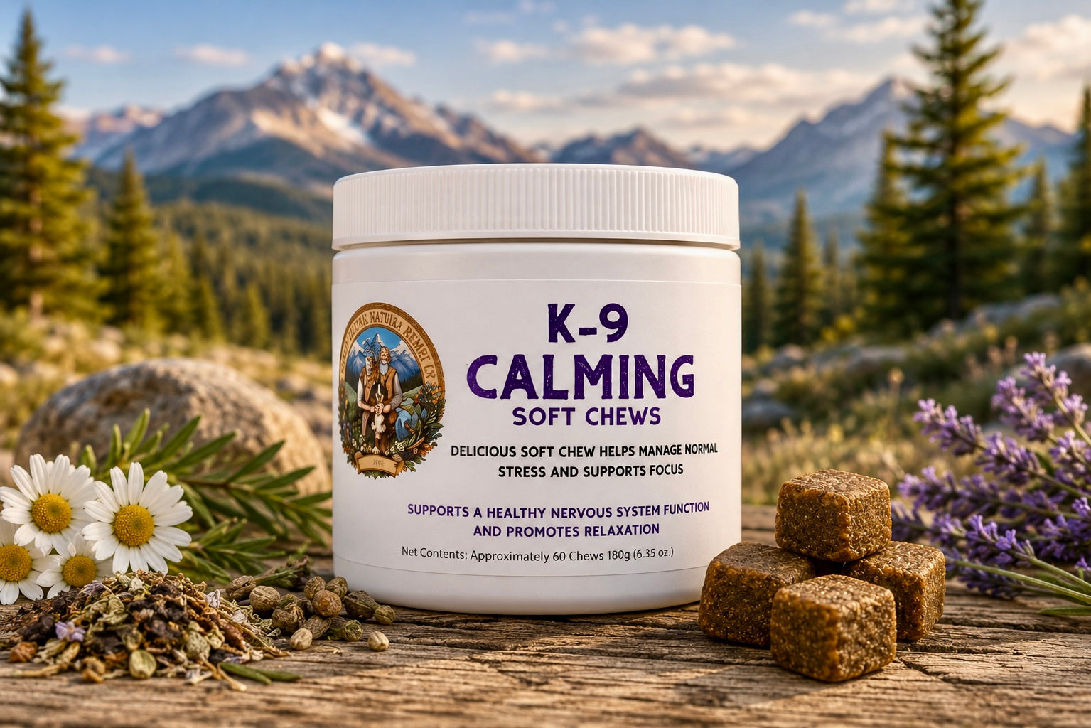 K-9 Calming Chews – Promotes relaxation and focus with theanine, lemon balm, and taurine