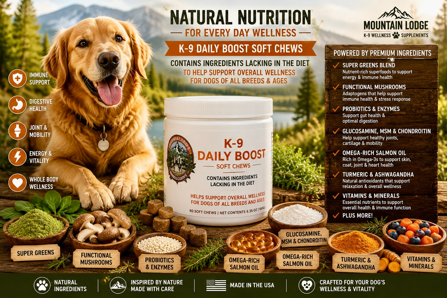 K-9 Daily Boost – Complete multivitamin support with salmon oil, probiotics, and greens blend