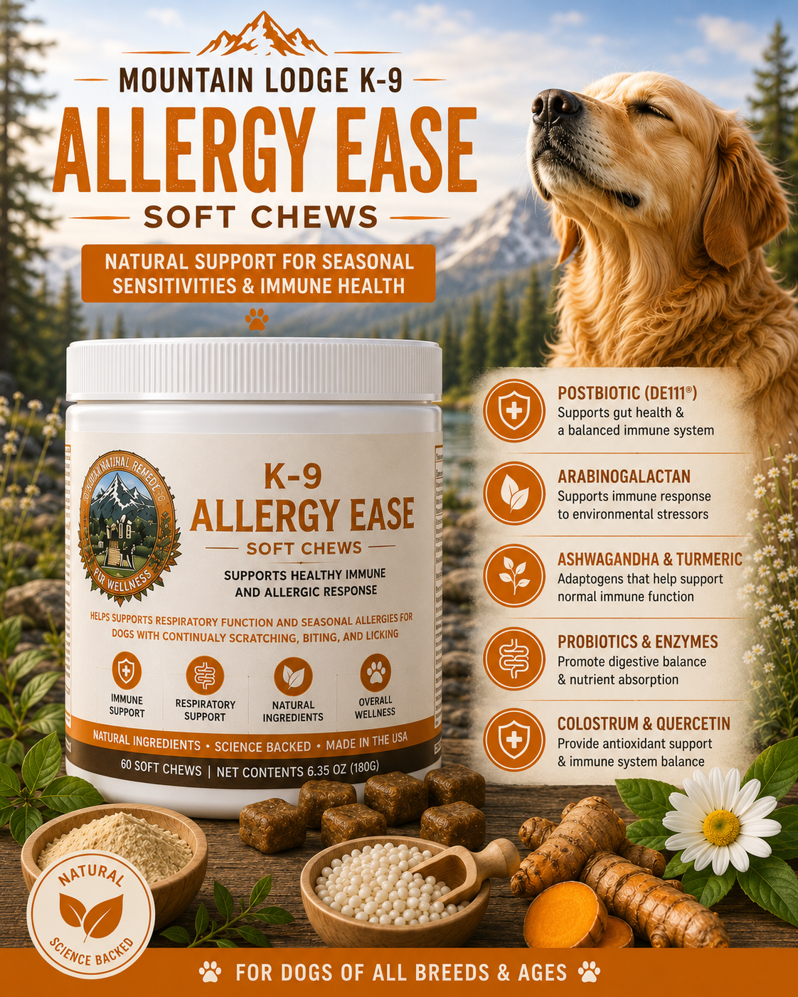 K-9 Allergy EASE – Natural support for itchy, sensitive skin with quercetin, turmeric, and probiotics
